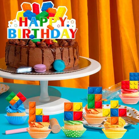 25 Pcs Building Blocks Cake Toppers Set, 24 Pcs Block Birthday Party Cupcake Toppers 1 Pcs Cake Topper Cake Decorations for Building Block Building Party Decoration in Saudi Arabia