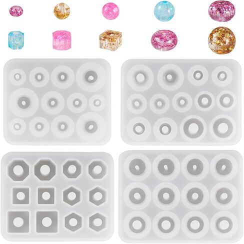 4Pcs DIY Beads Silicone Molds Square Round Polygonal Flat Round Bead with Hole Resin Casting Mold for DIY Bracelet Necklace Earrings Jewelry Making Polymer Clay Art Craft, Inner Diameter: 4-13mm in Saudi Arabia