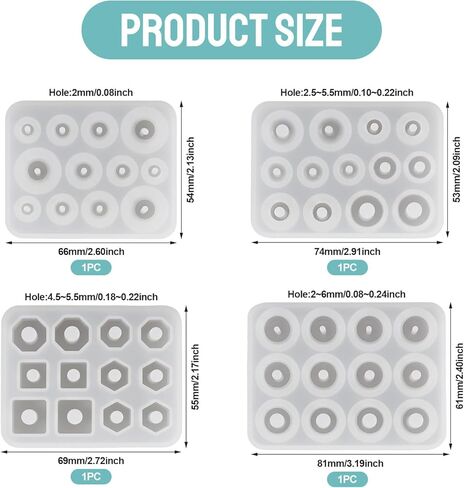 4Pcs DIY Beads Silicone Molds Square Round Polygonal Flat Round Bead with Hole Resin Casting Mold for DIY Bracelet Necklace Earrings Jewelry Making Polymer Clay Art Craft, Inner Diameter: 4-13mm in Saudi Arabia