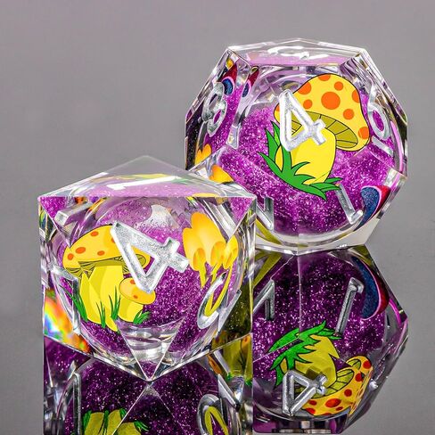 OUKELANWO Liquid Core Mushroom DND Dice Set D&D, 7Pcs Resin Sharp Edge Dice with Gift Box, Dungeons Dragons D and D Role Playing Gaming Dice D20 D12 D10 D8 D6 D4, Purple in Kuwait