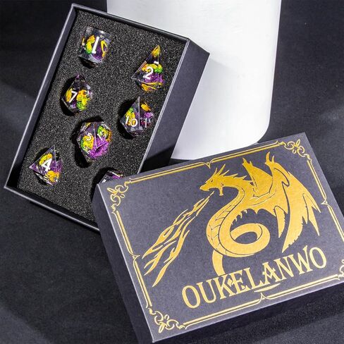 OUKELANWO Liquid Core Mushroom DND Dice Set D&D, 7Pcs Resin Sharp Edge Dice with Gift Box, Dungeons Dragons D and D Role Playing Gaming Dice D20 D12 D10 D8 D6 D4, Purple in Kuwait