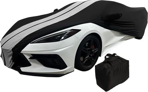 SR1 USA C8 Corvette Custom Fit Car Cover - Indoor Ultraguard Stretch Satin High End Dust Proof for 2020-2026 Stingray, Z06, Z51, E-Ray (Black with Gray Stripes) in Saudi Arabia