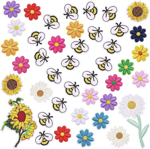 42 Pieces Bee Embroidered Applique Patches Daisy Sunflower Iron on Patch Cute Flower Sew on Patches for Clothing Bags, Jackets, Jeans, Hats, Clothes DIY Decoration (Cute) in Saudi Arabia