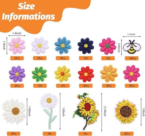 42 Pieces Bee Embroidered Applique Patches Daisy Sunflower Iron on Patch Cute Flower Sew on Patches for Clothing Bags, Jackets, Jeans, Hats, Clothes DIY Decoration (Cute) in Saudi Arabia