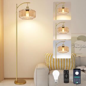 Arc Floor Lamp with Table and Shelves,Gold Floor Lamp for Living Room Glass Floor Lamps with Remote Control & 3 Color Temperature,Dimmable Standing Lamp Tall Flower Floor Lamps for Bedroom Corner in Kuwait