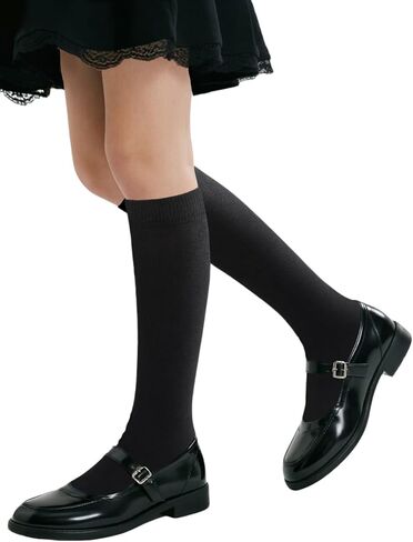 COTTON DAY 3 عبوات للأطفال البنات للجنسين، جوارب ناعمة للركبة للمدرسة الثانوية، جوارب بدون خياطة، أسود وأبيض وأزرق كحلي وعنابي in Kuwait