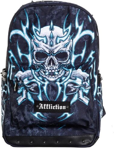 حقيبة ظهر Affliction، طراز قوطي بتصميم مرصع، قماش، طباعة رسومية متقاطعة، أجزاء معدنية، مجموعة Live Fast (أسود (Live Fast)) in Kuwait