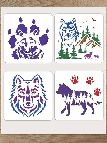 4Pcs Wolf Head Plastic Drawing Templates, 11.8x11.8inchs Forest Reusable Stencil Animals Reusable Art Templates for Painting on Wood Wall Door Canvas Fabric Rock Sign Home Decor in Saudi Arabia