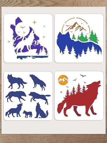 4Pcs Wolf Head Plastic Drawing Templates, 11.8x11.8inchs Forest Reusable Stencil Animals Reusable Art Templates for Painting on Wood Wall Door Canvas Fabric Rock Sign Home Decor in Saudi Arabia