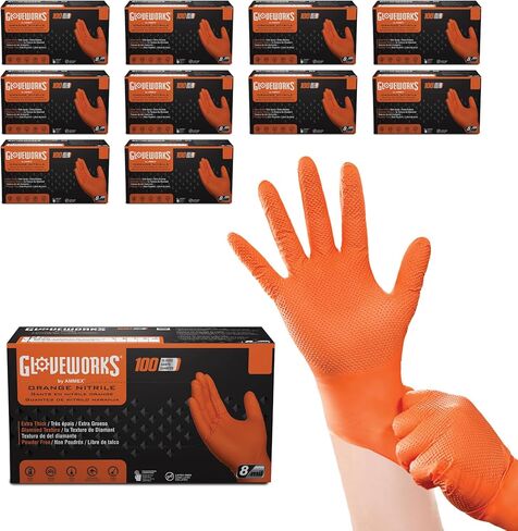 قفازات GLOVEWORKS HD برتقالية النتريل، قفازات نيتريل 8 مل للاستعمال مرة واحدة مع نسيج ماسي مرتفع، قفازات ميكانيكية يمكن التخلص منها in Kuwait