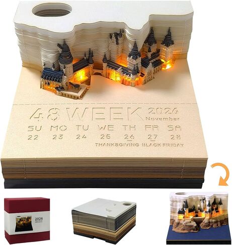 Time Piece Calendar - 2025 Desk Calendar With LED Light - 3D Calendar Paper Carving Art Memo Pad Notepad for Christmas Housewarming Desktop Decoration in Saudi Arabia