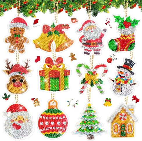 12 Pcs Christmas Diamond Art Keychains Party Favors, DIY 5D Christmas Ornaments Diamond Painting Keychains Kits, Xmas Crystal Arts Craft Keychain Winter Holiday Decorations Supplies in Saudi Arabia
