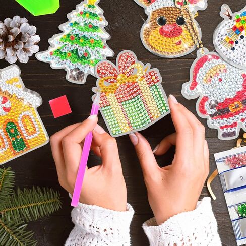 12 Pcs Christmas Diamond Art Keychains Party Favors, DIY 5D Christmas Ornaments Diamond Painting Keychains Kits, Xmas Crystal Arts Craft Keychain Winter Holiday Decorations Supplies in Saudi Arabia