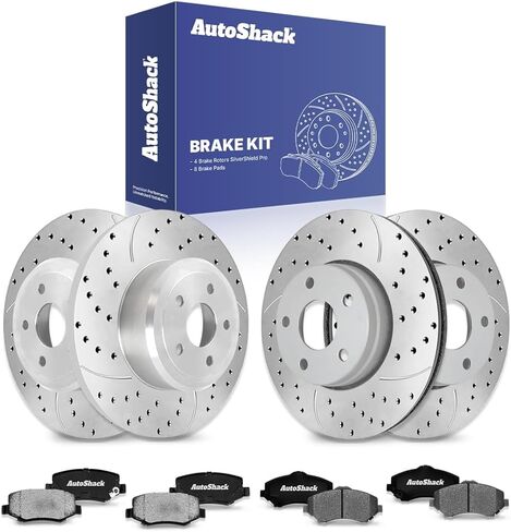 AutoShack Front & Rear Drilled & Slotted Brake Rotors Ceramic Brake Pads Replacement for 2007-2017 Jeep Wrangler 2018 Wrangler JK V6 4WD RWD Silver Zinc Coated 12-PC Brake Kit SilverShield Pro in Saudi Arabia