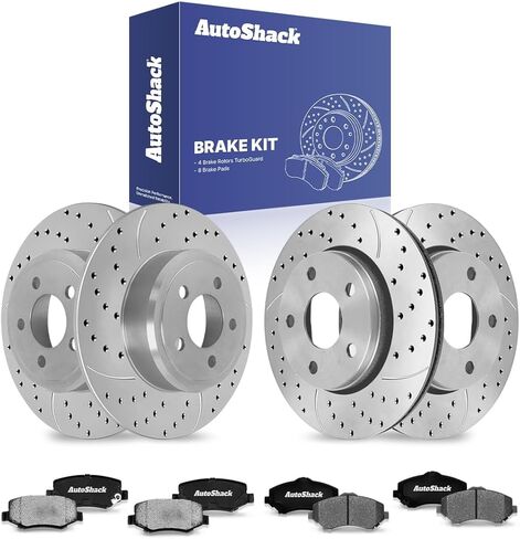 AutoShack Front & Rear Drilled & Slotted Brake Rotors Ceramic Brake Pads Replacement for 2007-2017 Jeep Wrangler 2018 Wrangler JK V6 4WD RWD Silver Zinc Coated 12-PC Brake Kit SilverShield Pro in Saudi Arabia