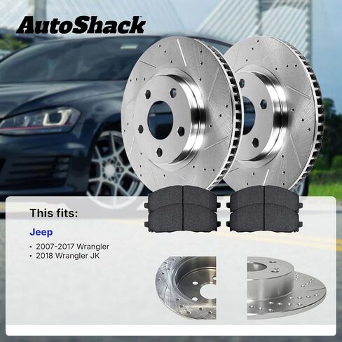 AutoShack Front & Rear Drilled & Slotted Brake Rotors Ceramic Brake Pads Replacement for 2007-2017 Jeep Wrangler 2018 Wrangler JK V6 4WD RWD Silver Zinc Coated 12-PC Brake Kit SilverShield Pro in Saudi Arabia