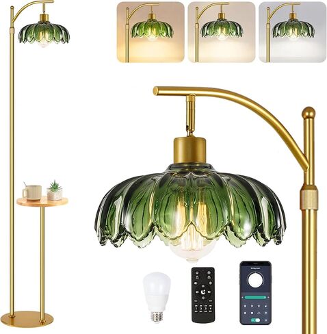Arc Floor Lamp with Table and Shelves,Gold Floor Lamp for Living Room Glass Floor Lamps with Remote Control & 3 Color Temperature,Dimmable Standing Lamp Tall Flower Floor Lamps for Bedroom Corner in Saudi Arabia