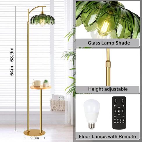 Arc Floor Lamp with Table and Shelves,Gold Floor Lamp for Living Room Glass Floor Lamps with Remote Control & 3 Color Temperature,Dimmable Standing Lamp Tall Flower Floor Lamps for Bedroom Corner in Saudi Arabia