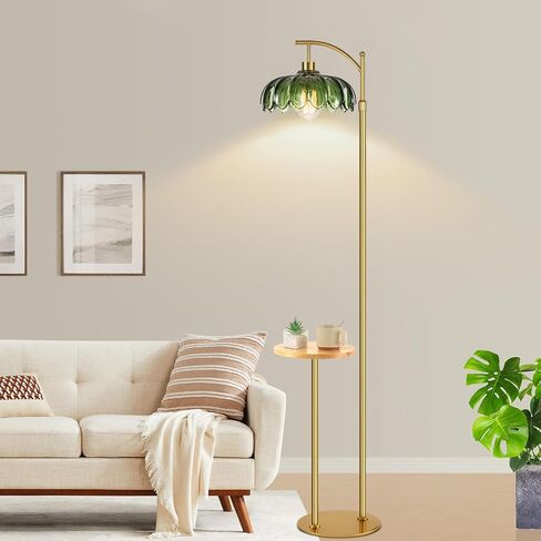 Arc Floor Lamp with Table and Shelves,Gold Floor Lamp for Living Room Glass Floor Lamps with Remote Control & 3 Color Temperature,Dimmable Standing Lamp Tall Flower Floor Lamps for Bedroom Corner in Saudi Arabia