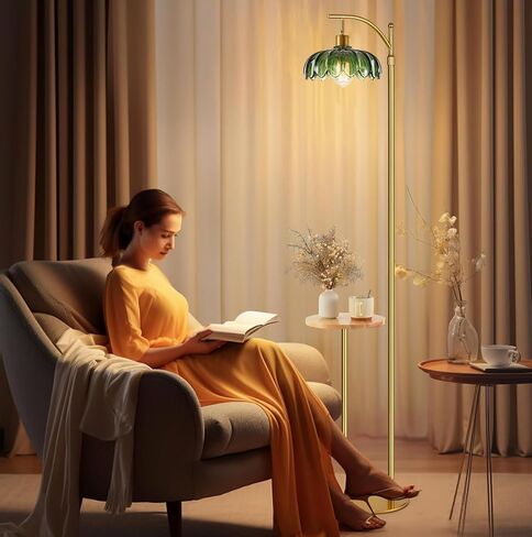 Arc Floor Lamp with Table and Shelves,Gold Floor Lamp for Living Room Glass Floor Lamps with Remote Control & 3 Color Temperature,Dimmable Standing Lamp Tall Flower Floor Lamps for Bedroom Corner in Saudi Arabia