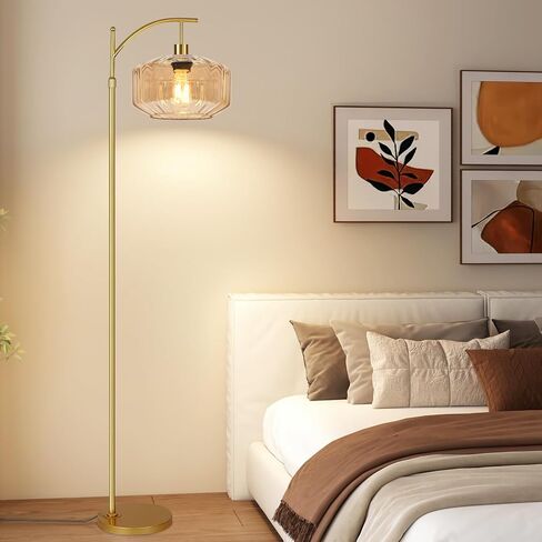 مصباح أرضي مقوس مع طاولة ورفوف، مصباح أرضي ذهبي لغرفة المعيشة ومصابيح أرضية زجاجية مع جهاز تحكم عن بعد و3 درجات حرارة ألوان، مصباح قائم قابل للتعتيم ومصابيح أرضية طويلة لزاوية غرفة النوم in Kuwait