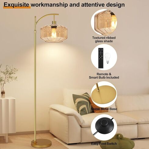 مصباح أرضي مقوس مع طاولة ورفوف، مصباح أرضي ذهبي لغرفة المعيشة ومصابيح أرضية زجاجية مع جهاز تحكم عن بعد و3 درجات حرارة ألوان، مصباح قائم قابل للتعتيم ومصابيح أرضية طويلة لزاوية غرفة النوم in Kuwait
