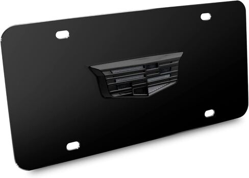 صورة iPick لشعار Cadillac 3D Crest باللون الرمادي الداكن على لوحة ترخيص سوداء من الفولاذ المقاوم للصدأ - مرخصة رسميًا in Saudi Arabia
