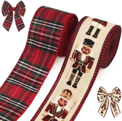 2 Rolls Christmas Ribbons for Crafting, 2.5" ×10 Yards Xmas Wired Edge Ribbon Red Buffalo Plaid Ribbos Cartoon Character Craft Ribbons for Gift Wrapping Christmas Decorations Supplies in Saudi Arabia