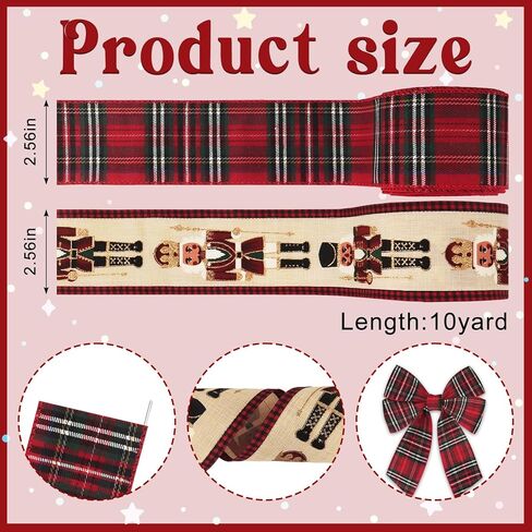 2 Rolls Christmas Ribbons for Crafting, 2.5" ×10 Yards Xmas Wired Edge Ribbon Red Buffalo Plaid Ribbos Cartoon Character Craft Ribbons for Gift Wrapping Christmas Decorations Supplies in Saudi Arabia