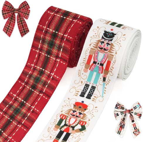 2 Rolls Christmas Ribbons for Crafting, 2.5" ×10 Yards Xmas Wired Edge Ribbon Red Buffalo Plaid Ribbos Cartoon Character Craft Ribbons for Gift Wrapping Christmas Decorations Supplies in Saudi Arabia