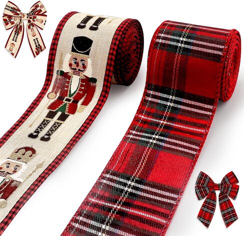 2 Rolls Christmas Ribbons for Crafting, 2.5" ×10 Yards Xmas Wired Edge Ribbon Red Buffalo Plaid Ribbos Cartoon Character Craft Ribbons for Gift Wrapping Christmas Decorations Supplies in Saudi Arabia