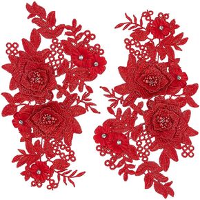 GORGECRAFT 2Pcs 3D Flower Lace Appliques Rhinestone Beaded Embroidered Sew on/Iron on Patch Black Floral Motif Cloth Collar Trim Patches for Wedding Bridal Dress Decor Clothing Pants Sewing DIY Crafts in Kuwait