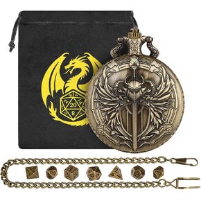 مجموعة نرد صغيرة DND مع حافظة ساعة جيب Steampunk Paladin، مجموعة DND للمبتدئين، مجموعة نرد معدنية صغيرة متعددة السطوح 7 قطع، هدايا DND مع حقيبة هدايا، ملحقات ألعاب لوحة لعب الأدوار، برونزية in Kuwait