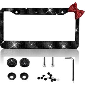 إطار لوحة ترخيص للسيدات من Bow Bling، من الفولاذ المقاوم للصدأ، حجر الراين، مقاس عالمي، 12 × 6 بوصات (أسود + قوس أحمر) in Kuwait