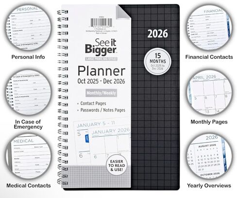 PlanAhead See It Bigger أكتوبر 2025 - ديسمبر 2026 مخطط أكاديمي شهري/أسبوعي، 8.75 بوصة × 5.5 بوصة × 0.5 بوصة / حجم متوسط، وقلم حبر ملون متعدد الألوان 6 في 1 من TheBeliver LLC. in Kuwait
