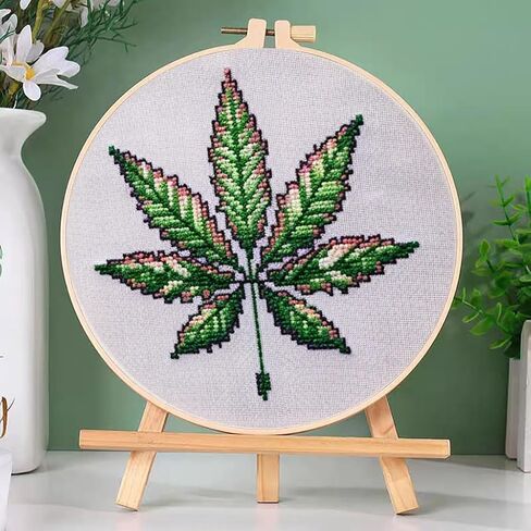 DIY Cross Stitch Kits Watercolor Marijuana Leaf Easy for Beginners with Hoop 11CT Needlepoint Embroidery Counted Stamped Cross Stitch Set Craft Wall Decor 20x20cm(2) in Saudi Arabia