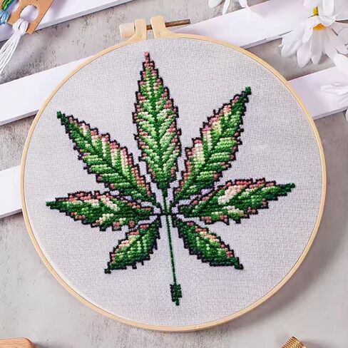 DIY Cross Stitch Kits Watercolor Marijuana Leaf Easy for Beginners with Hoop 11CT Needlepoint Embroidery Counted Stamped Cross Stitch Set Craft Wall Decor 20x20cm(2) in Saudi Arabia