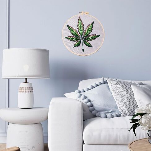 DIY Cross Stitch Kits Watercolor Marijuana Leaf Easy for Beginners with Hoop 11CT Needlepoint Embroidery Counted Stamped Cross Stitch Set Craft Wall Decor 20x20cm(2) in Saudi Arabia