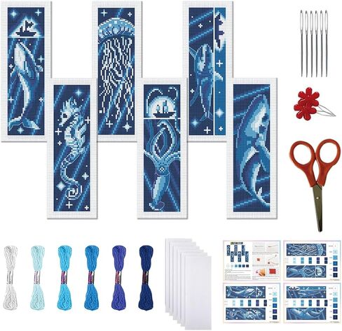 FREEBLOSS 6 Set Cross Stitch Bookmark Kit Stamped Cross Stitch Kit Deep Sea Animals Embroidery Set with Instruction for Adults 8''*2.4'' in Saudi Arabia