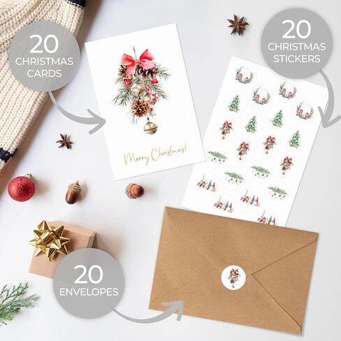 ZICOTO Beautiful Modern Christmas Cards Set of 20 - Incl. Bulk Envelopes, Matching Stickers And Storage Box - Perfect to Send Warm Holiday Wishes to Friends and Family in Kuwait