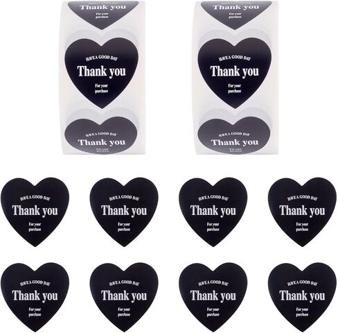 1000 pcs Heart with Thank You Roll Stickers, 25mm Self-Adhesive Paper Tag Stickers, Thank You for Your Purchase Labels for Small Business Packaging Bags & Envelopes Decorative Presents, Black in Saudi Arabia