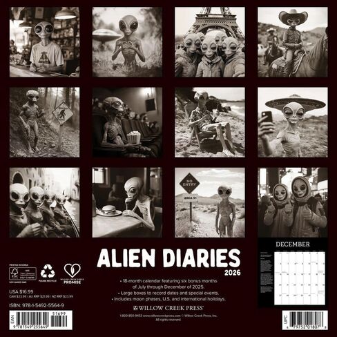 Willow Creek Press, Alien Diaries 2026 Wall Calendar, 12'' X 12'', 18-Month Calendar with Stapled Binding in Saudi Arabia