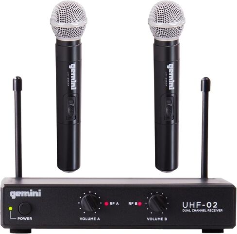حزمة ميكروفون Gemini UHF اللاسلكي - ميكروفونات احترافية محمولة باليد وميكروفونات على شكل طية صدر السترة، جهاز استقبال ثنائي القناة، نطاق طويل للأداء المباشر والعروض التقديمية (ترددات محمولة باليد 3 + 4) in Kuwait
