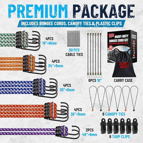 to Be Hero 86-Piece Bungee Cords Set, Heavy Duty Elastic Straps with Rust-Proof Hooks, Color-Coded (10"-48"), UV Resistant for Camping, RV, Trailer in Saudi Arabia