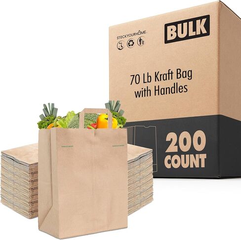 Stock Your Home 70 Lb Kraft Brown Paper Bags with Handles (50 Count) - Kraft Brown Paper Grocery Bags Bulk - Large Paper Bags with Handles for Grocery Shopping - Handles Provide Grip for Trash Bag Use in Saudi Arabia