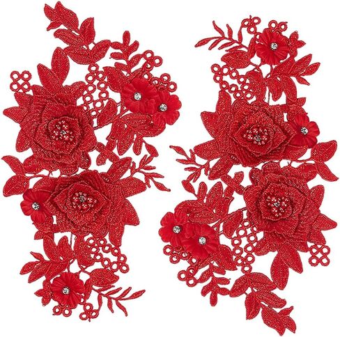 GORGECRAFT 2Pcs 3D Flower Lace Appliques Rhinestone Beaded Embroidered Sew on/Iron on Patch Black Floral Motif Cloth Collar Trim Patches for Wedding Bridal Dress Decor Clothing Pants Sewing DIY Crafts in Saudi Arabia