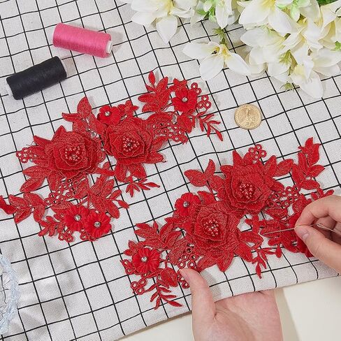 GORGECRAFT 2Pcs 3D Flower Lace Appliques Rhinestone Beaded Embroidered Sew on/Iron on Patch Black Floral Motif Cloth Collar Trim Patches for Wedding Bridal Dress Decor Clothing Pants Sewing DIY Crafts in Saudi Arabia