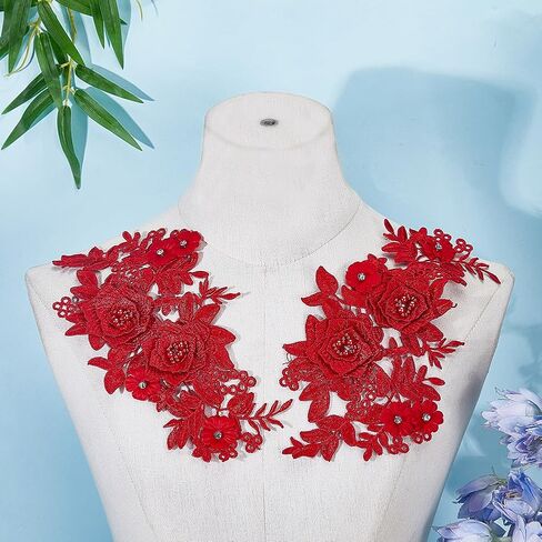GORGECRAFT 2Pcs 3D Flower Lace Appliques Rhinestone Beaded Embroidered Sew on/Iron on Patch Black Floral Motif Cloth Collar Trim Patches for Wedding Bridal Dress Decor Clothing Pants Sewing DIY Crafts in Saudi Arabia