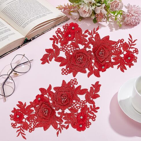 GORGECRAFT 2Pcs 3D Flower Lace Appliques Rhinestone Beaded Embroidered Sew on/Iron on Patch Black Floral Motif Cloth Collar Trim Patches for Wedding Bridal Dress Decor Clothing Pants Sewing DIY Crafts in Saudi Arabia