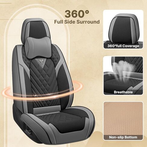 مناسب لأغطية مقاعد Ford F150 2009-2025 & F250 F350 F450 2011-2025، غطاء مقعد أنيق من الجلد المقاوم للماء، أغطية مقاعد حماية محيطية كاملة 360 درجة (مقعدان أماميان فاخران، رمادي أسود 2.0) in Saudi Arabia